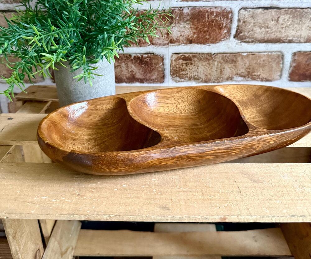 Mid Century Modern Tiki Snack Tray | Hand Carved 3 Compartment Nut Bowl